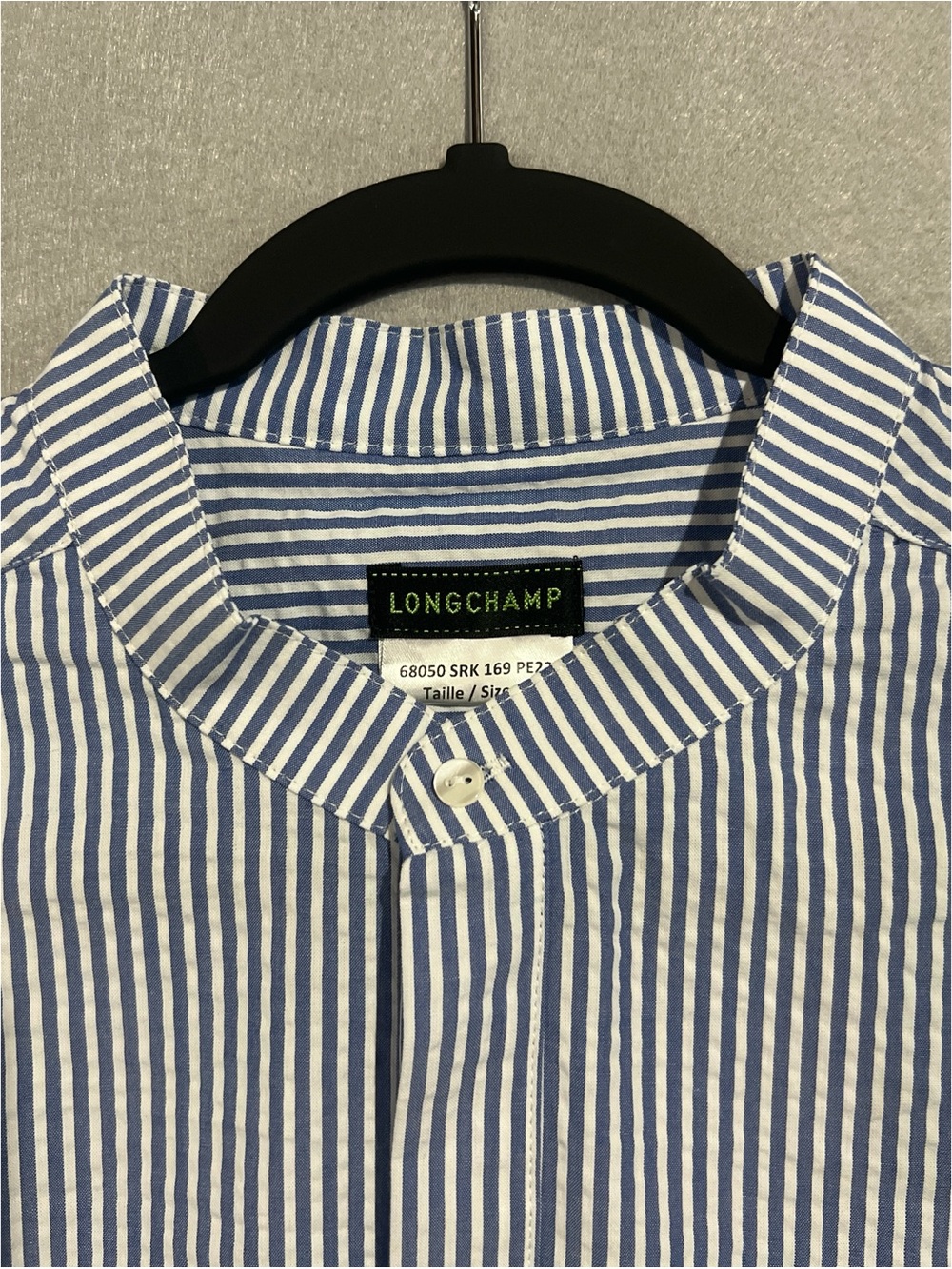Longchamp Shirt Men’s Large Blue White Vertical Striped Band-Collar Long Sleeve - Picture 11 of 15